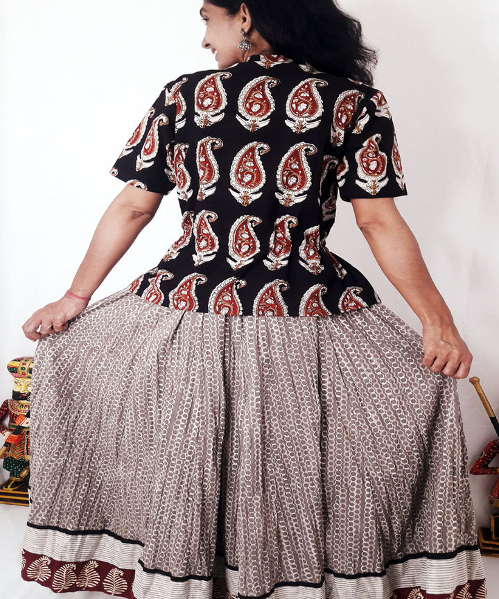 Black hand block printed cotton top