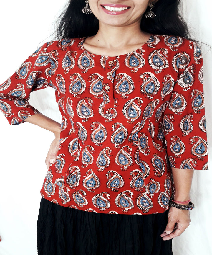 Red hand block printed cotton top