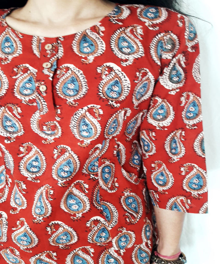 Red hand block printed cotton top