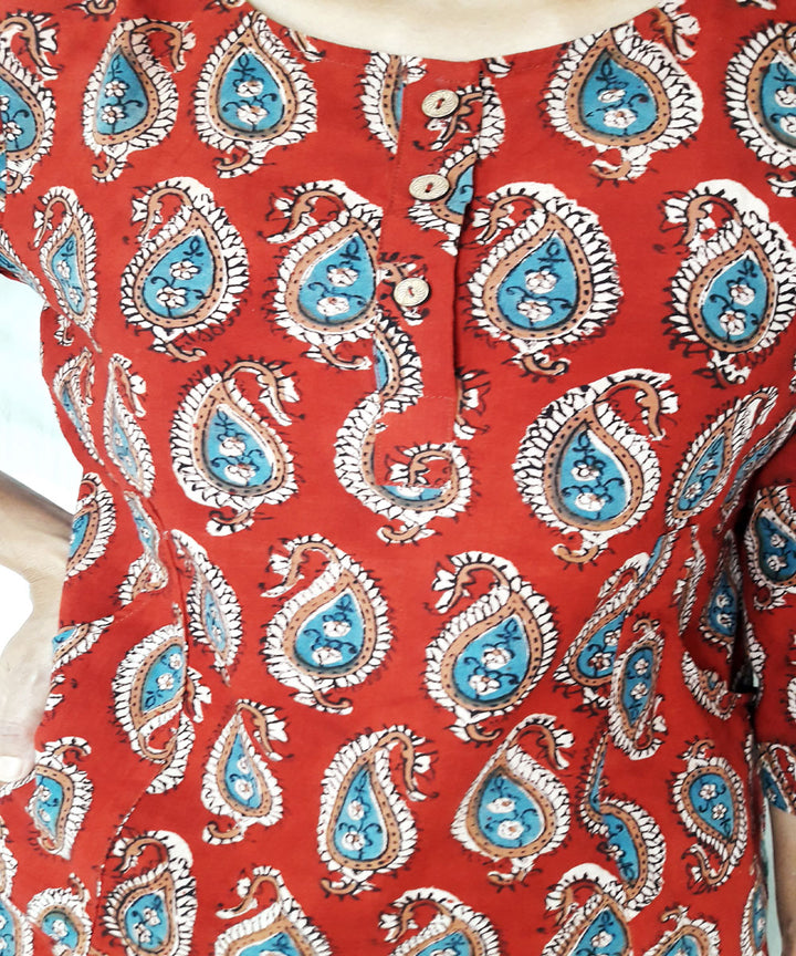 Red hand block printed cotton top