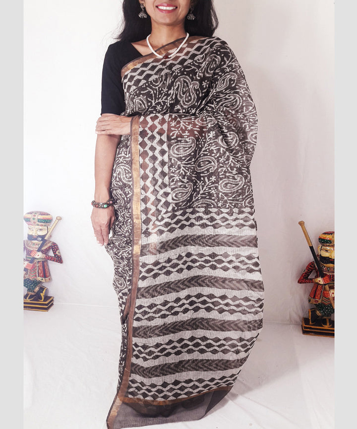 Brown kashish hand printed kota doria cotton saree