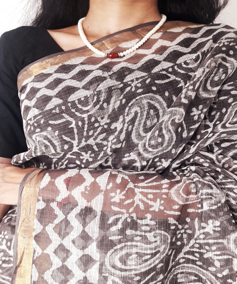 Brown kashish hand printed kota doria cotton saree