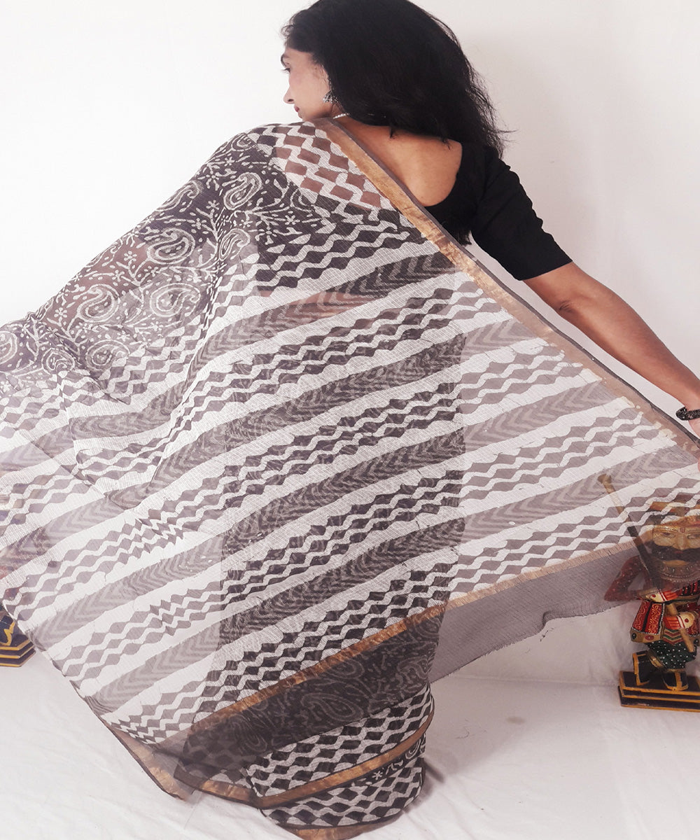 Brown kashish hand printed kota doria cotton saree