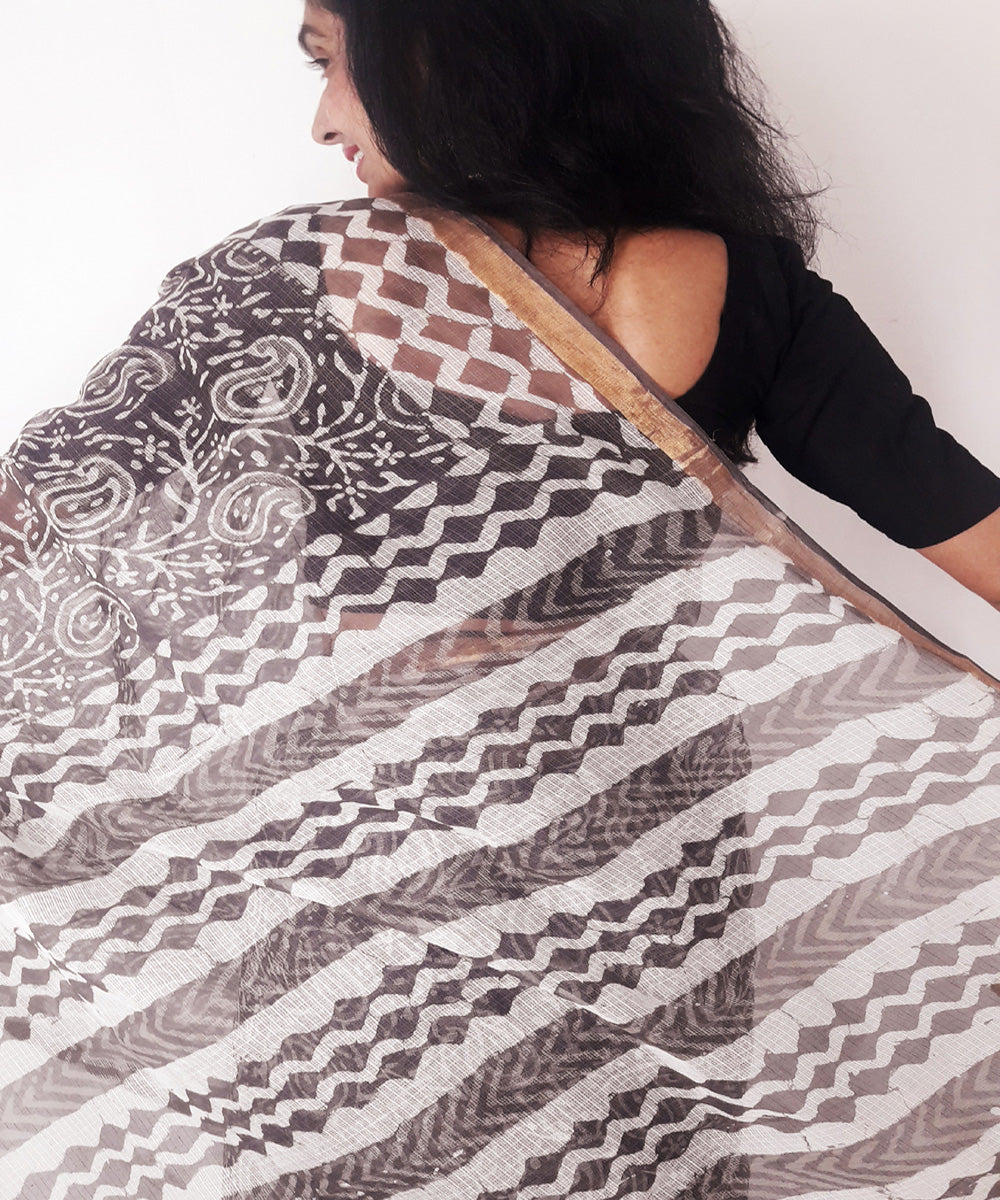 Brown kashish hand printed kota doria cotton saree