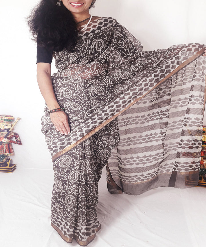 Brown kashish hand printed kota doria cotton saree