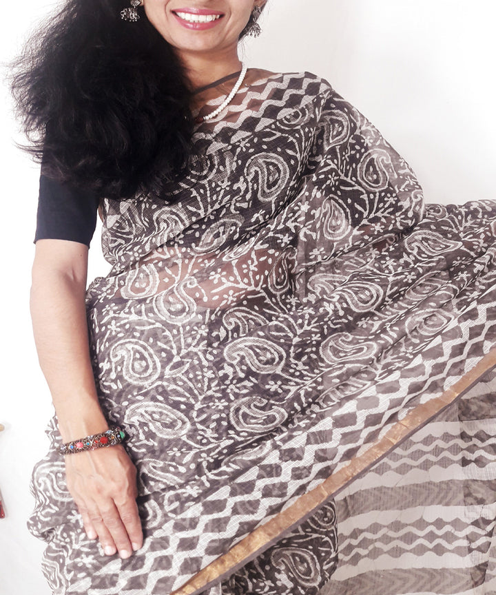 Brown kashish hand printed kota doria cotton saree