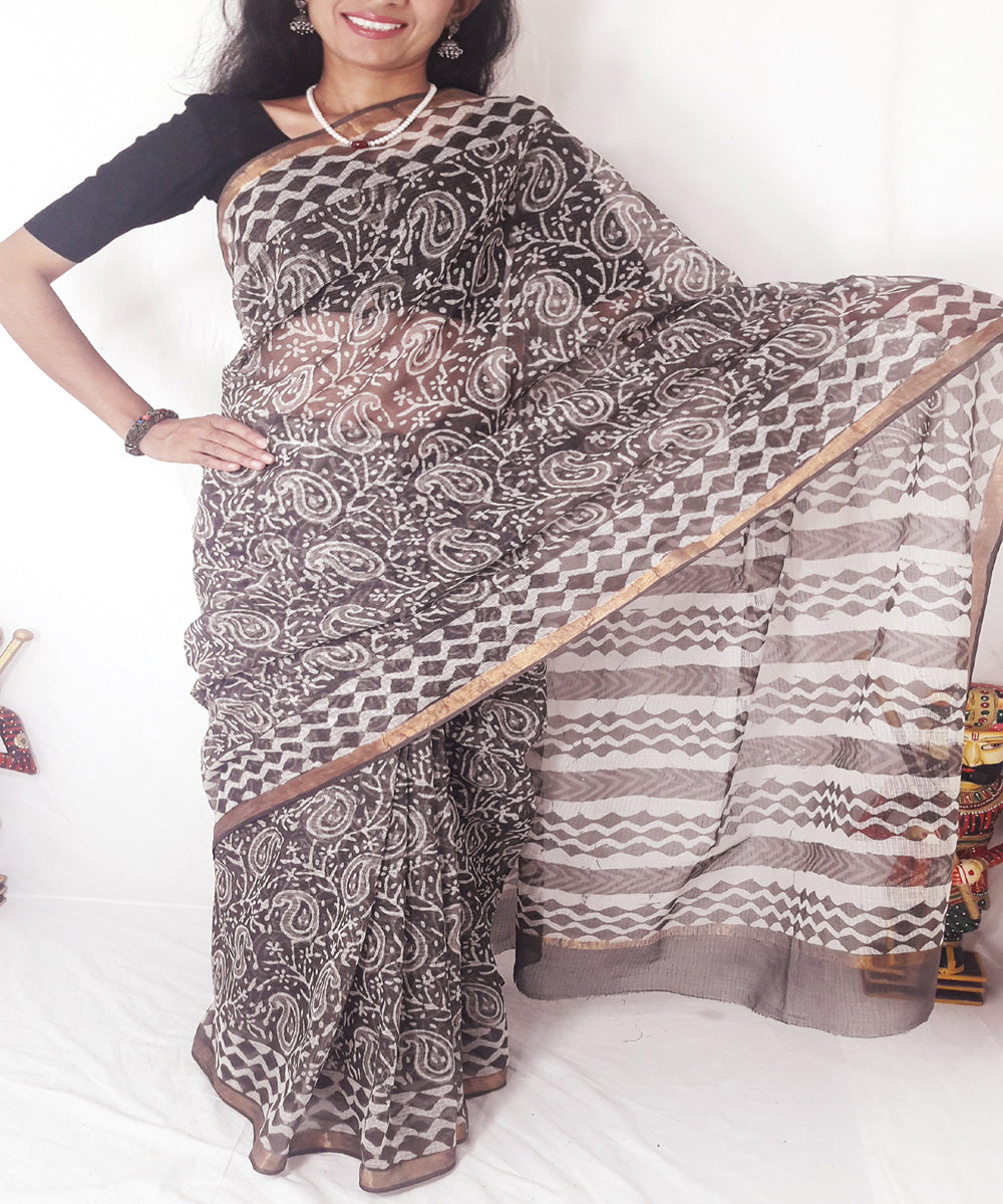 Brown kashish hand printed kota doria cotton saree