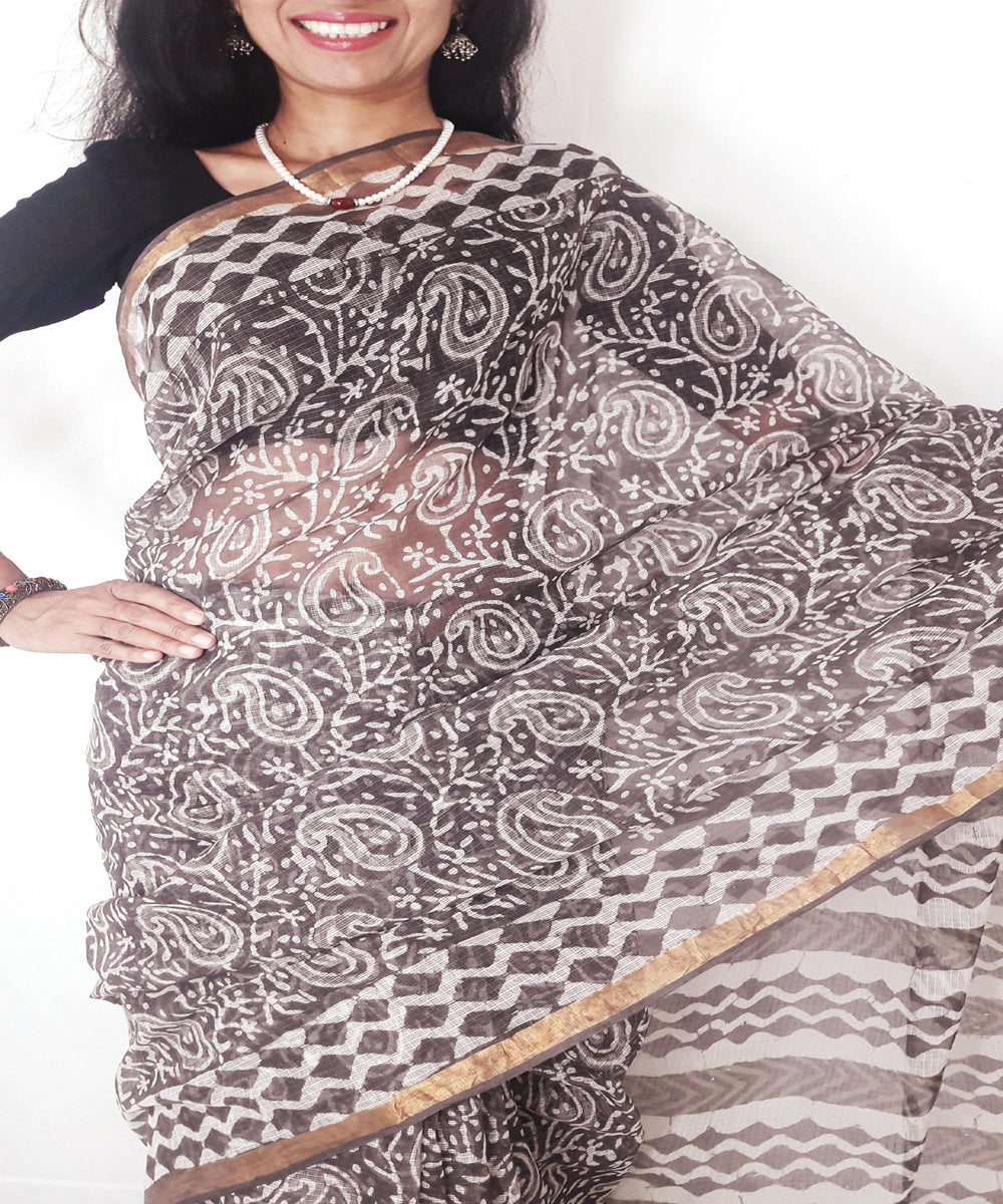 Brown kashish hand printed kota doria cotton saree