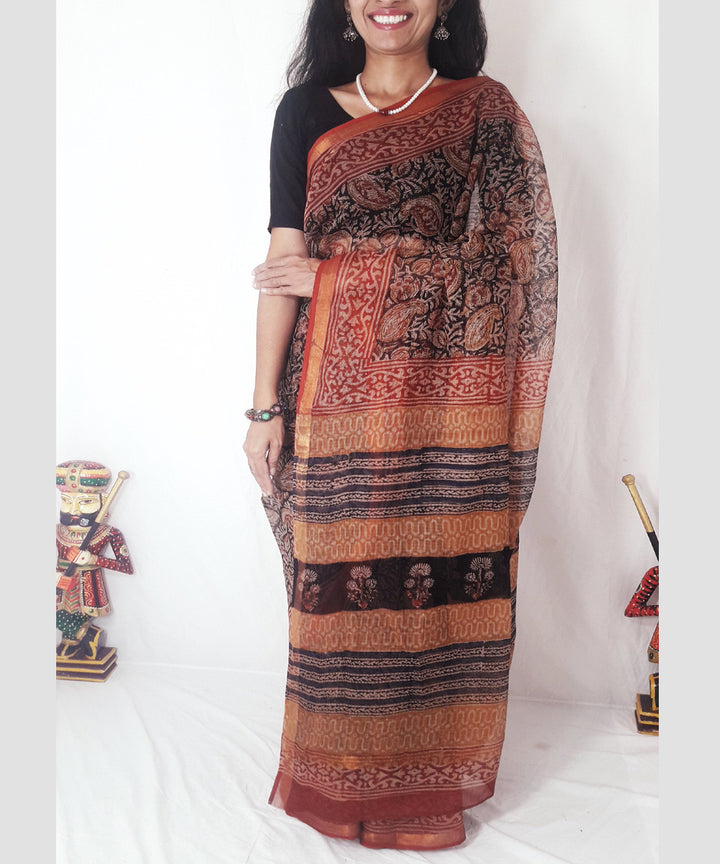 Black kalamkari hand printed kota doria cotton saree