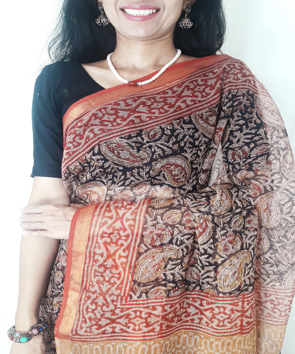 Black kalamkari hand printed kota doria cotton saree