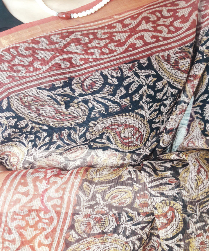 Black kalamkari hand printed kota doria cotton saree