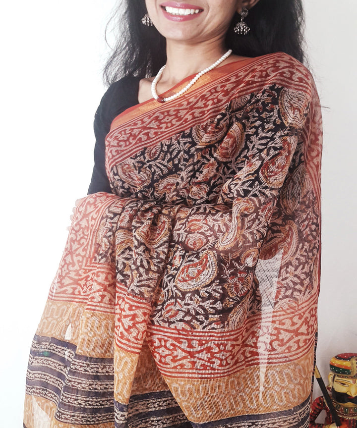 Black kalamkari hand printed kota doria cotton saree