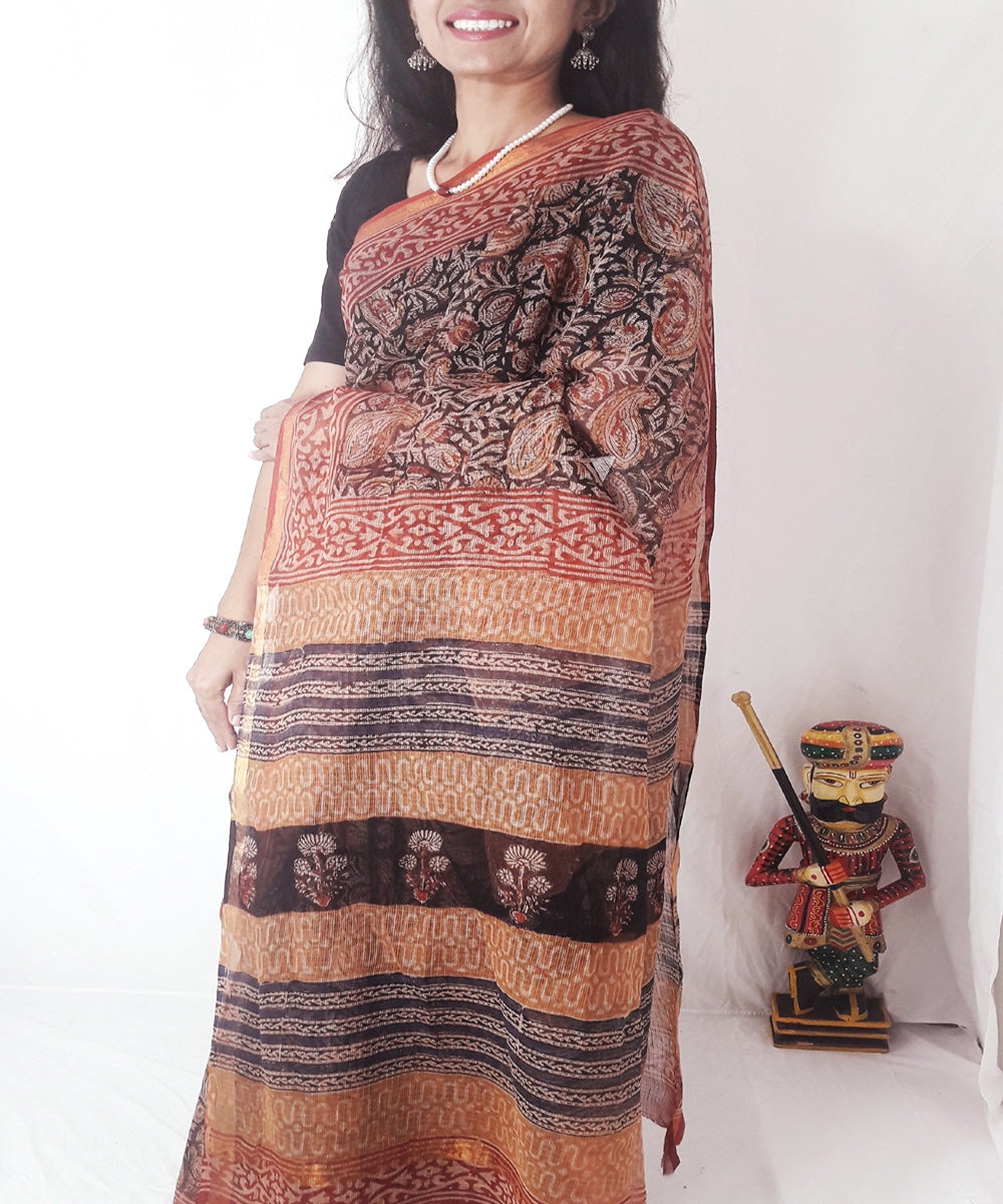 Black kalamkari hand printed kota doria cotton saree