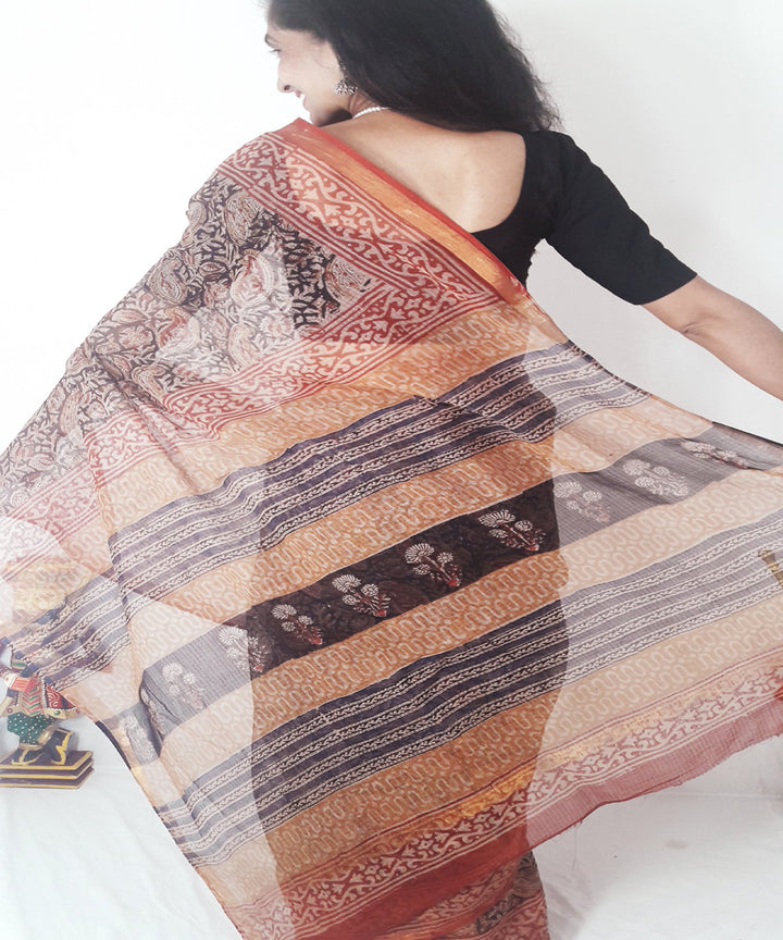 Black kalamkari hand printed kota doria cotton saree