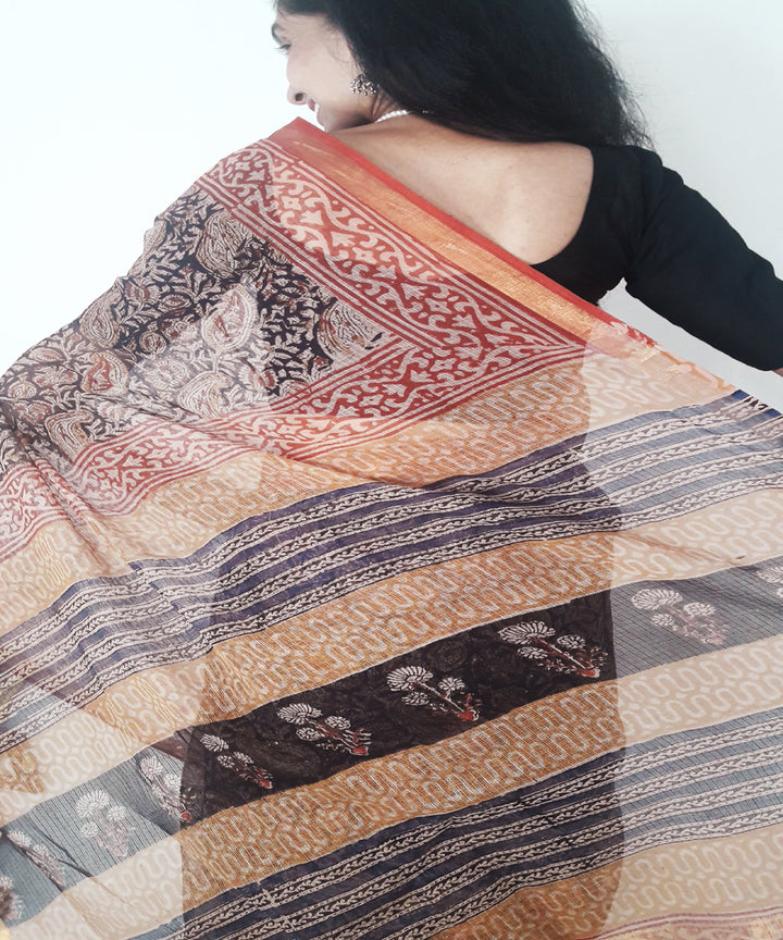 Black kalamkari hand printed kota doria cotton saree