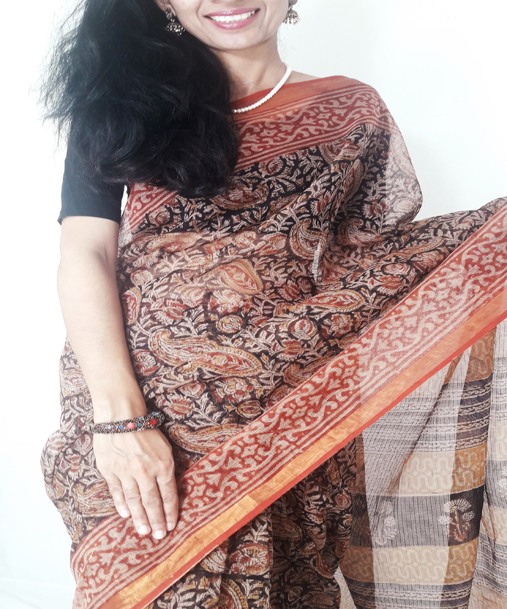 Black kalamkari hand printed kota doria cotton saree