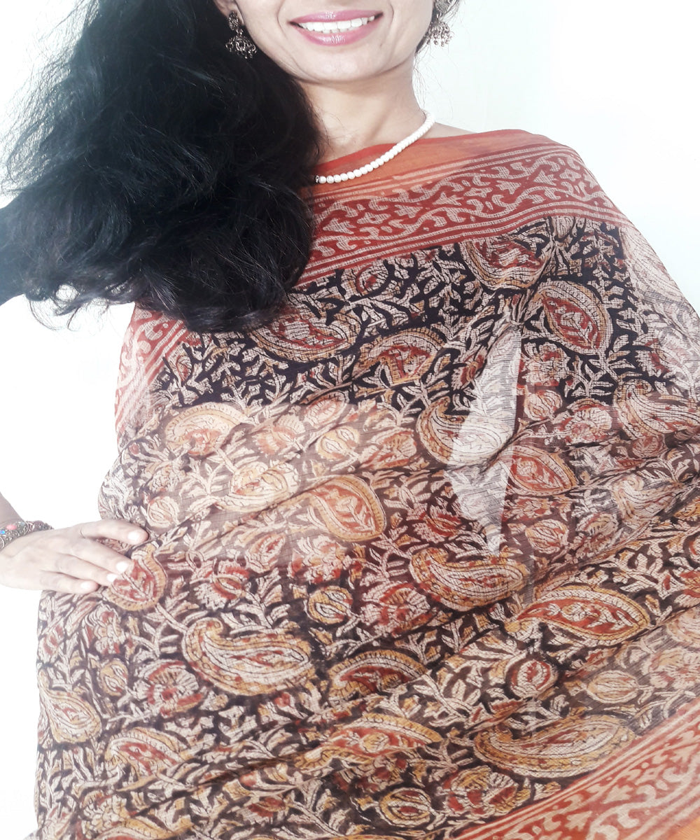 Black kalamkari hand printed kota doria cotton saree