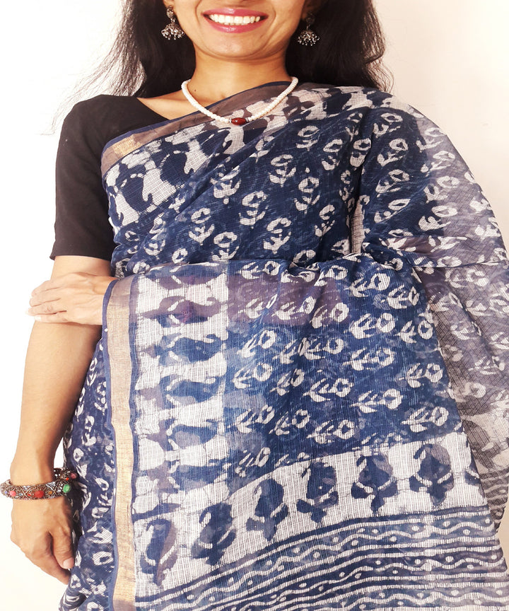 Indigo hand printed kota doria cotton saree