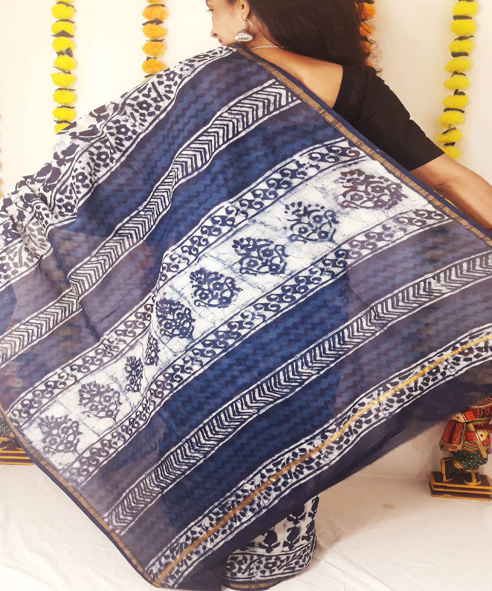 Indigo hand block print chanderi cotton silk saree