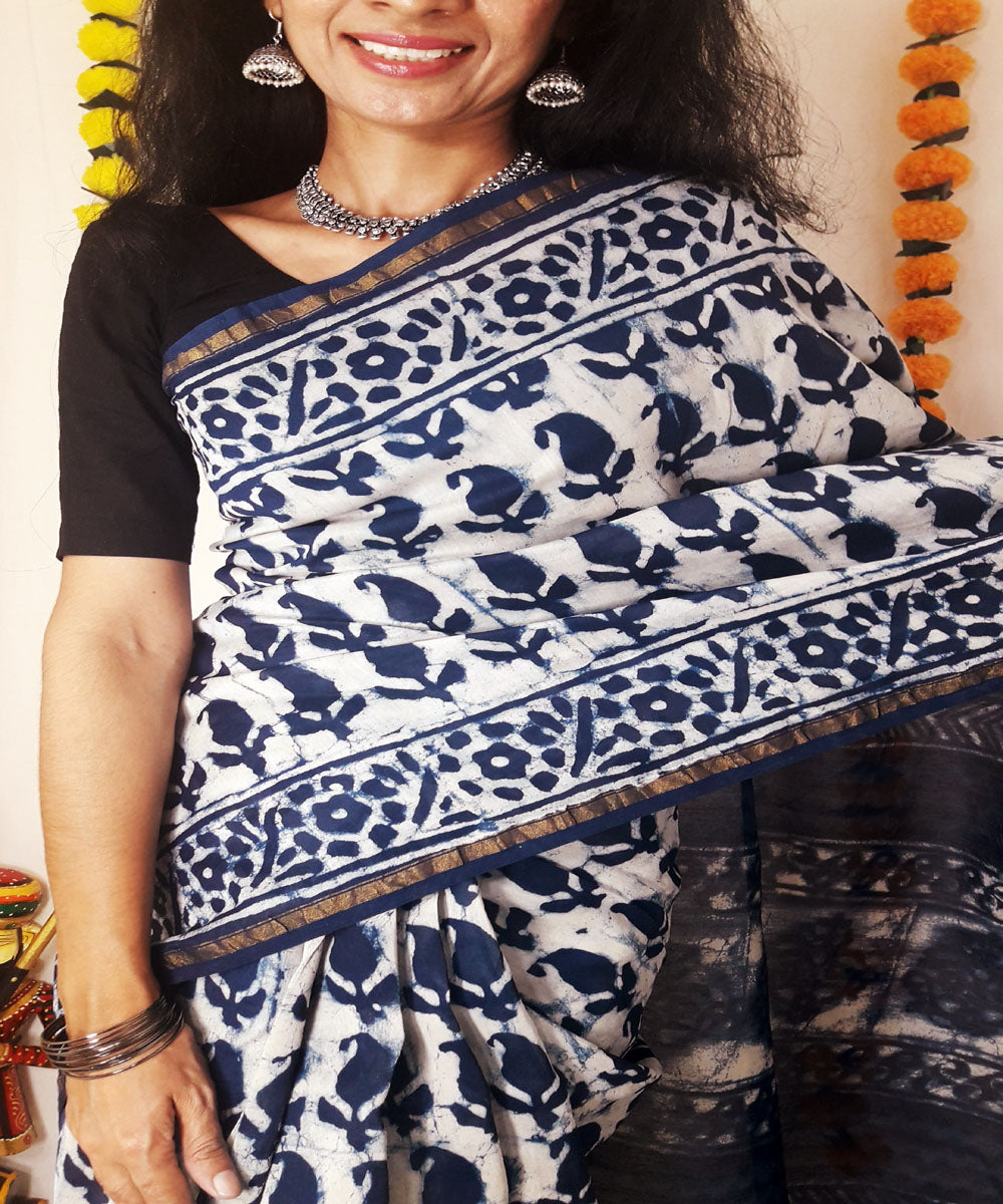 Indigo hand block print chanderi cotton silk saree
