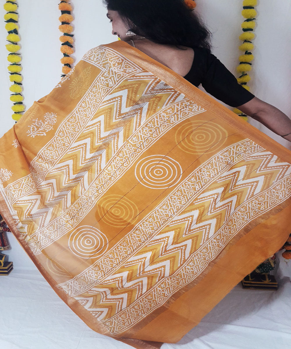 Golden hand block print maheshwari cotton silk saree