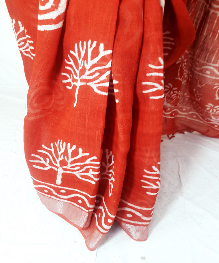Orange hand block block print cotton linen blend saree