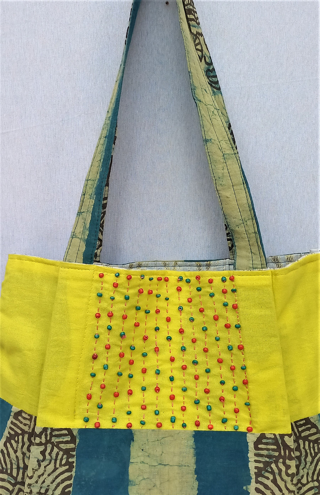 Yellow blue handcrafted vegetable dyed cloth bag