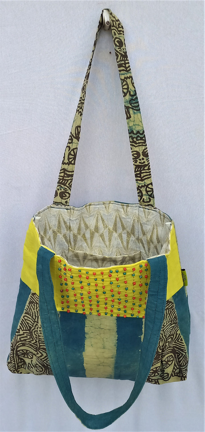 Yellow blue handcrafted vegetable dyed cloth bag