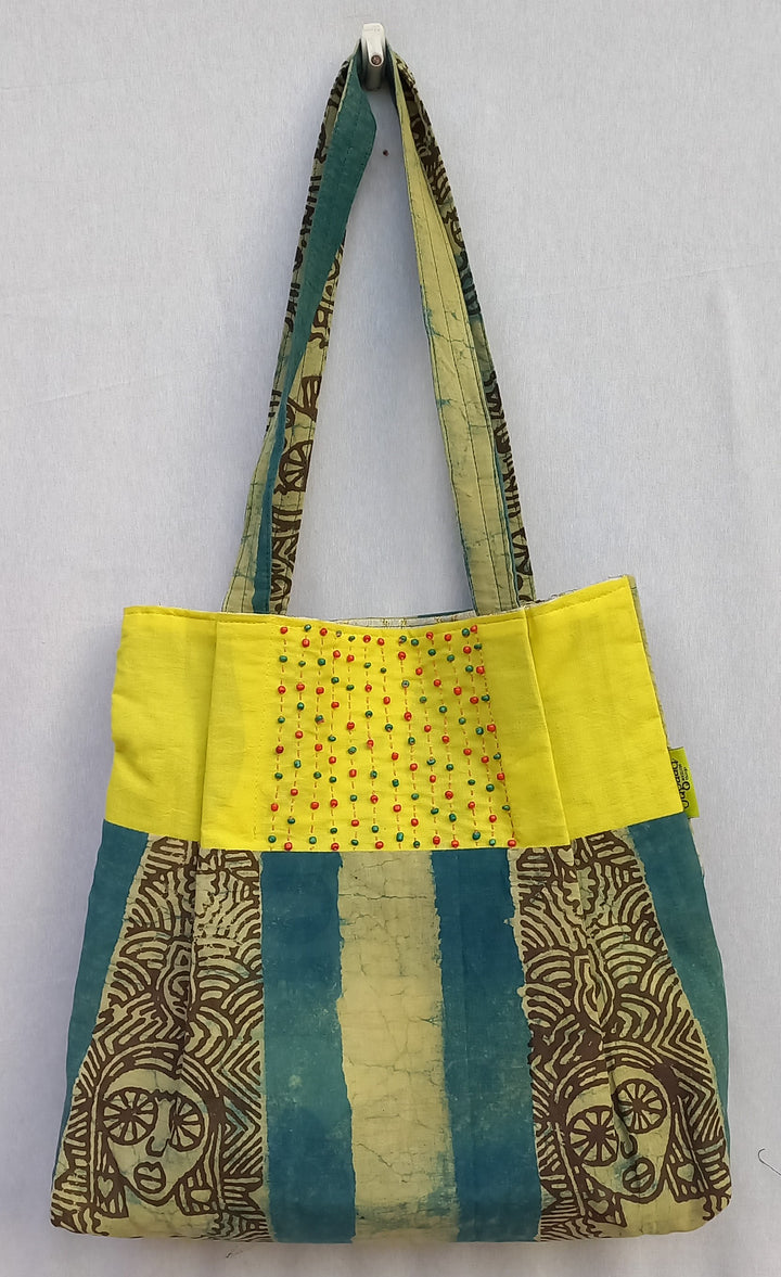 Yellow blue handcrafted vegetable dyed cloth bag