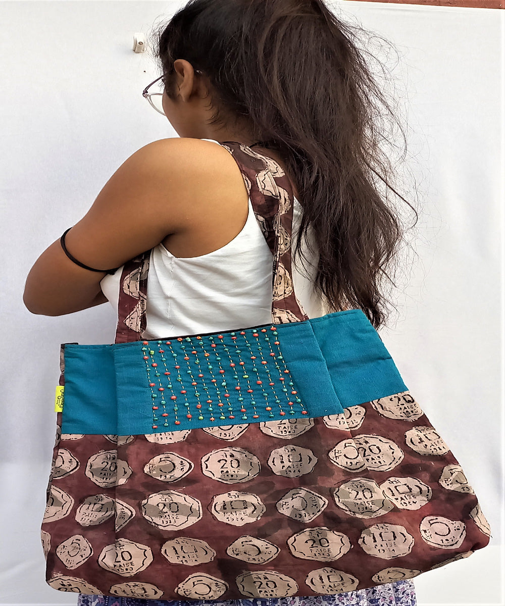 Blue brown handcrafted vegetable dyed cloth bag