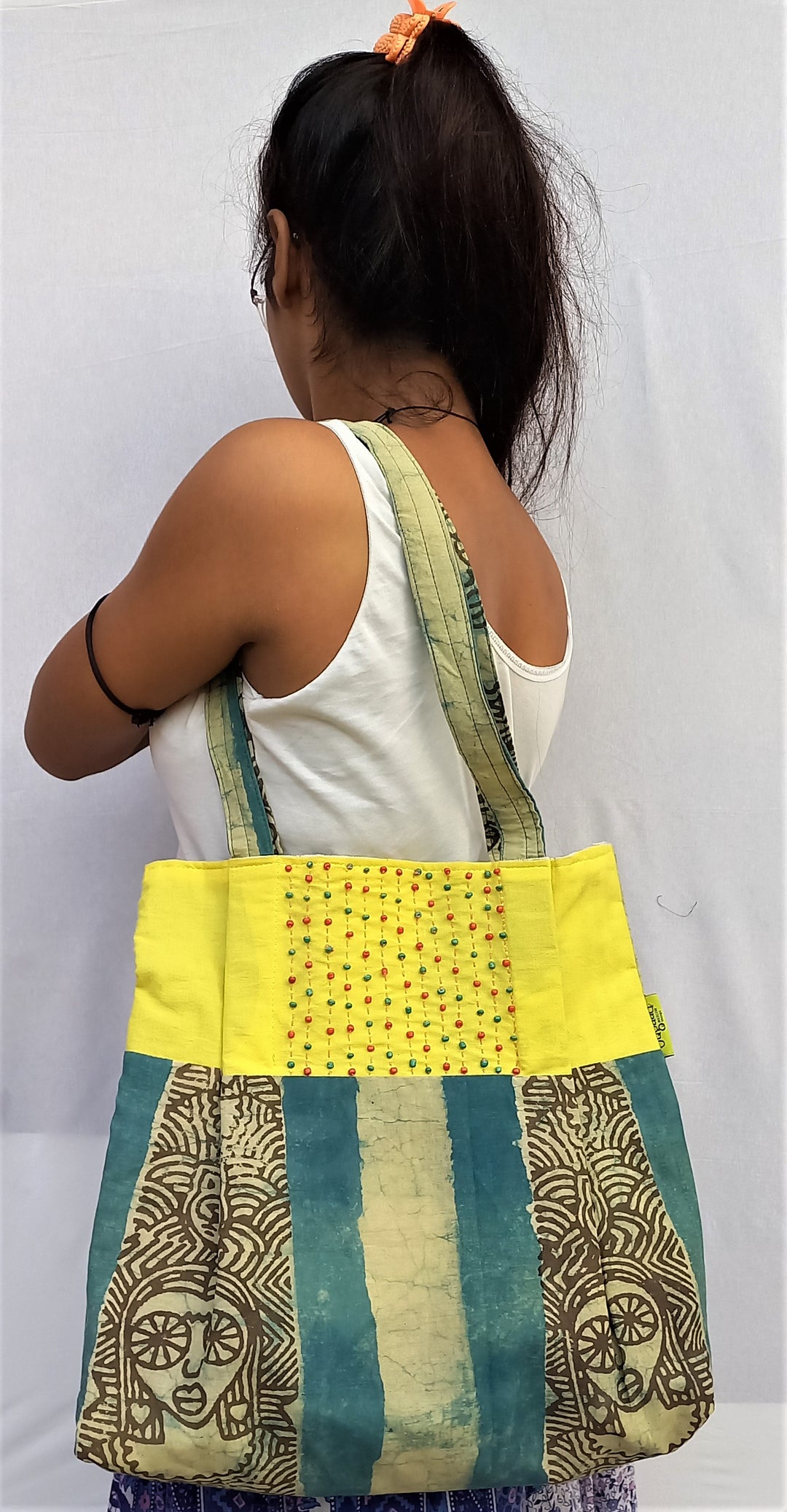 Yellow blue handcrafted vegetable dyed cloth bag