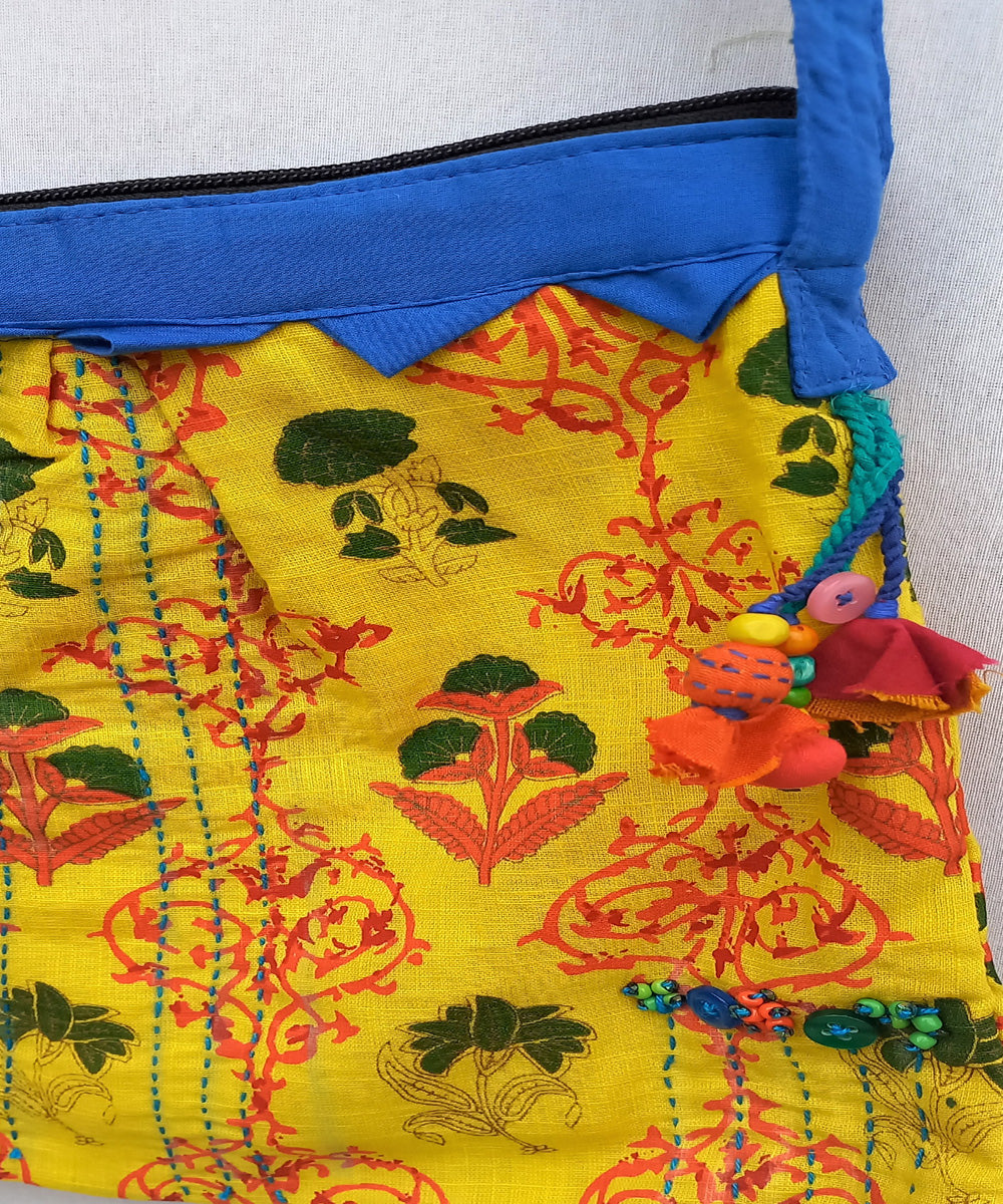 Yellow blue handcrafted vegetable dye cloth weekend bag