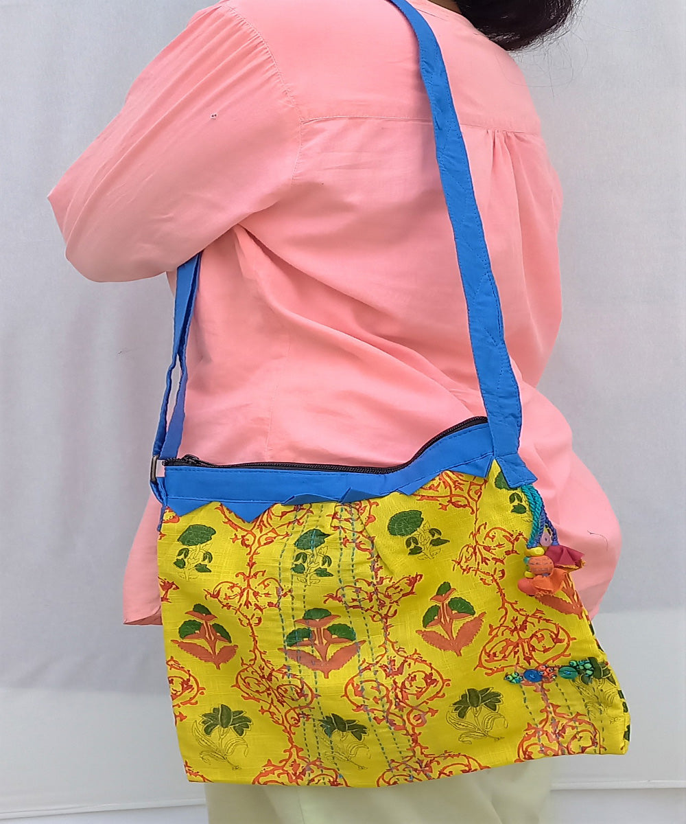 Yellow blue handcrafted vegetable dye cloth weekend bag