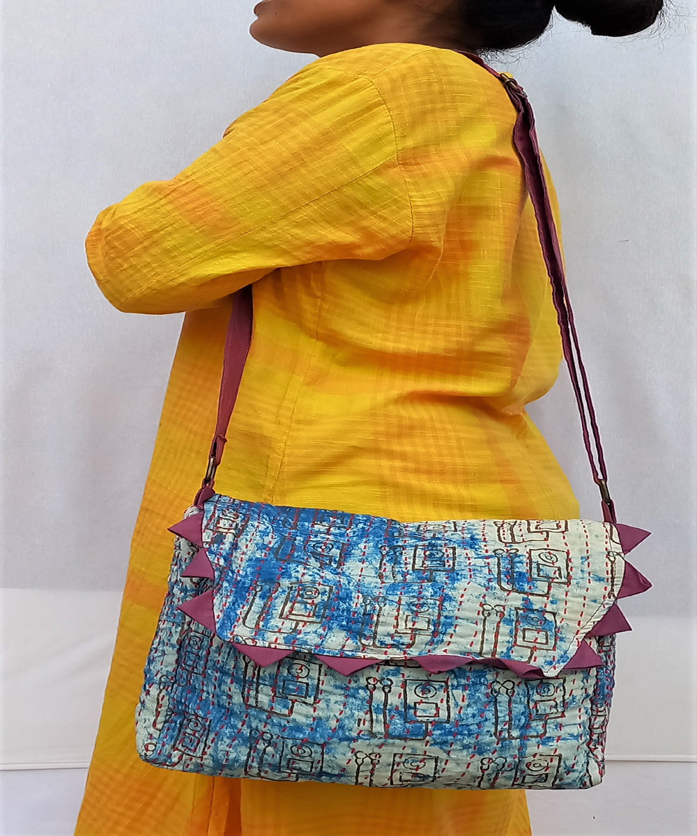 Light blue handcrafted kantha work last minute bag