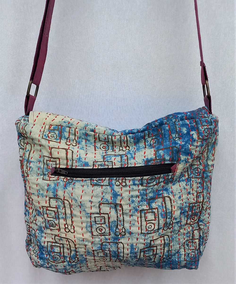 Light blue handcrafted kantha work last minute bag