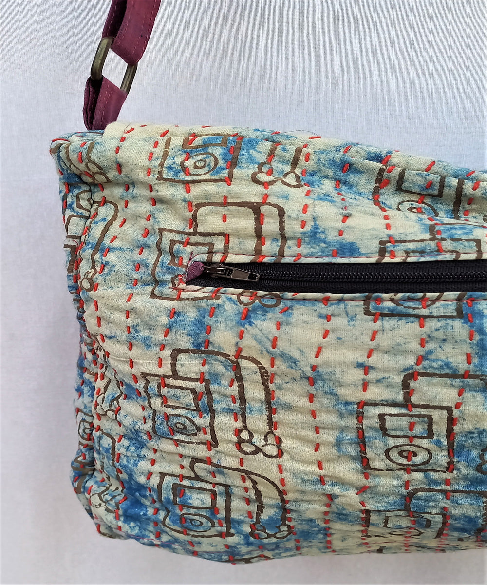 Light blue handcrafted kantha work last minute bag