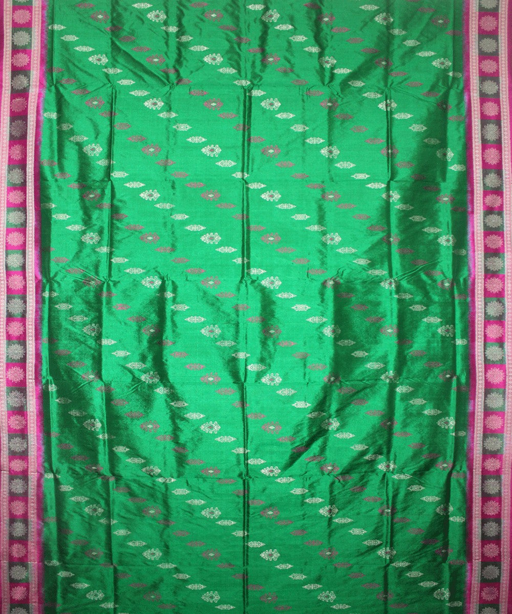 Handwoven Bomkai Silk Saree of Sonepur in Parrot Green and Deep Pink