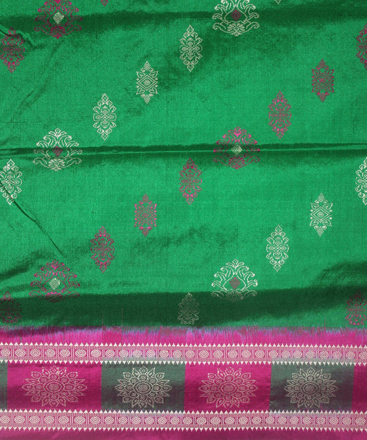 Handwoven Bomkai Silk Saree of Sonepur in Parrot Green and Deep Pink