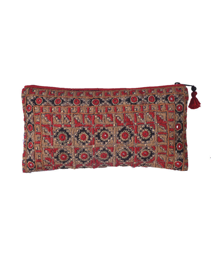 Beige red hand embroidery cotton clutch purse