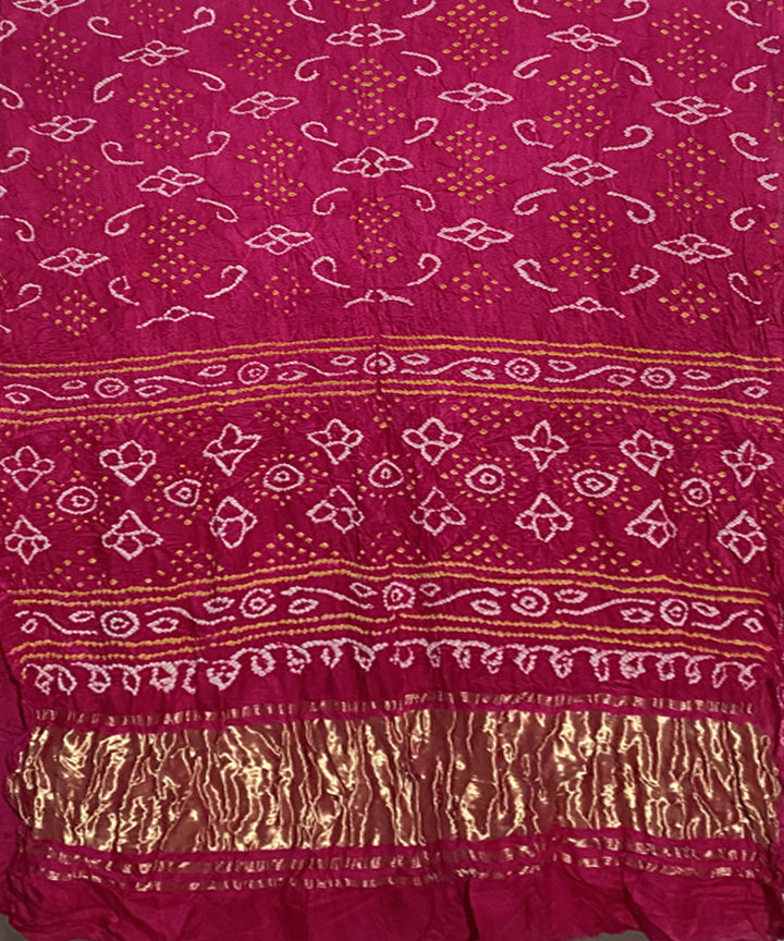 Dark pink hand printed tie dye bandhani gajji silk saree