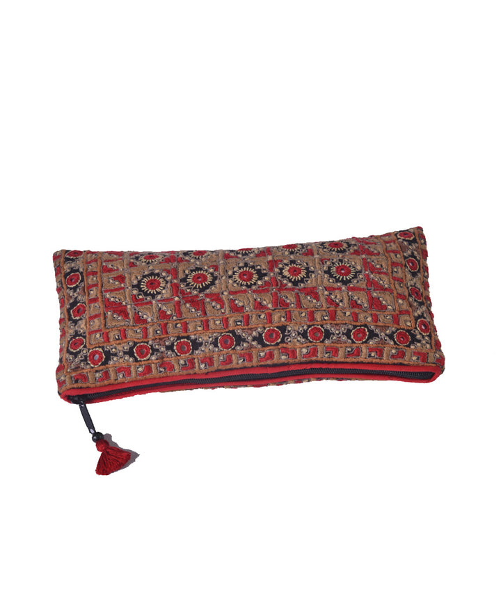 Beige red hand embroidery cotton clutch purse