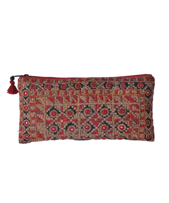 Beige red hand embroidery cotton clutch purse