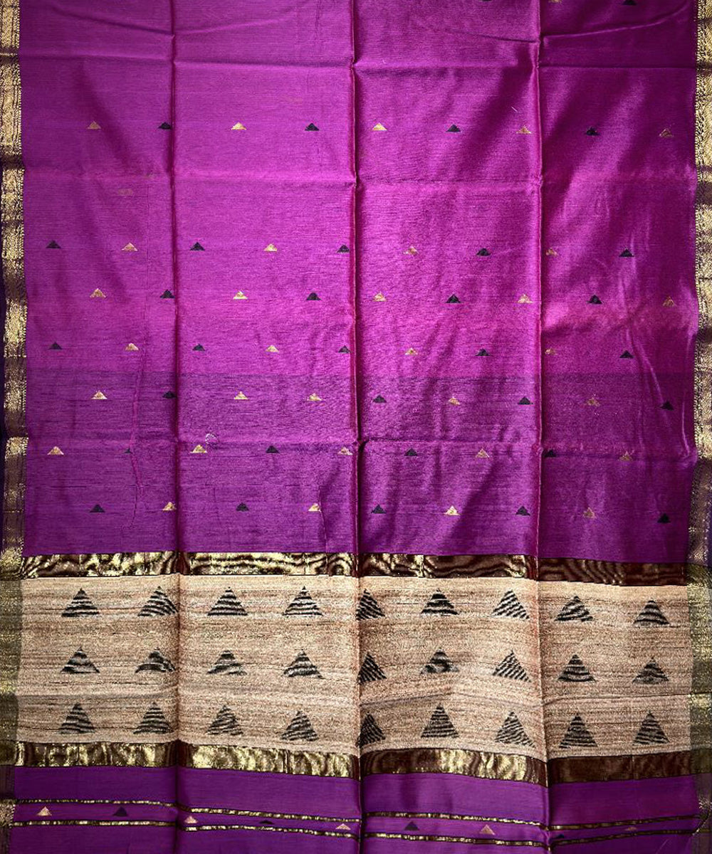 Violet beige handwoven cotton silk maheshwari saree
