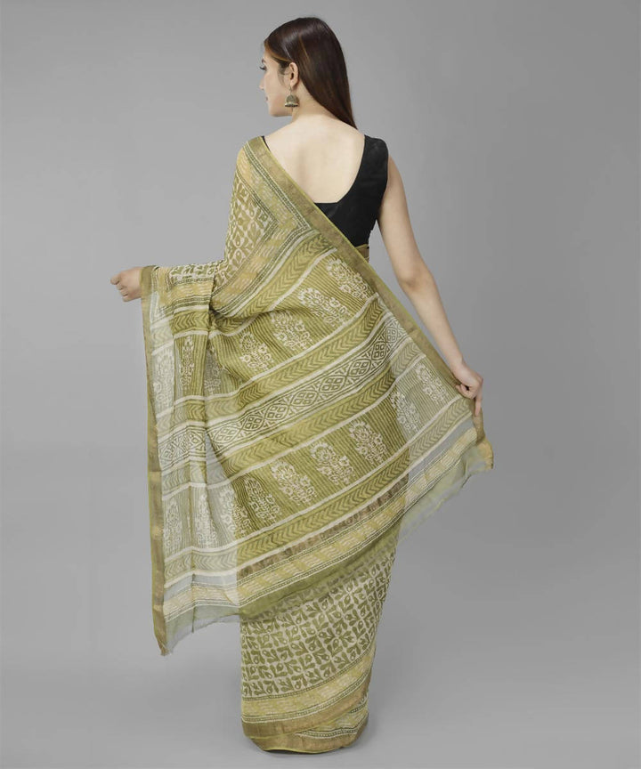 Olive green bagru handblock printed linen saree