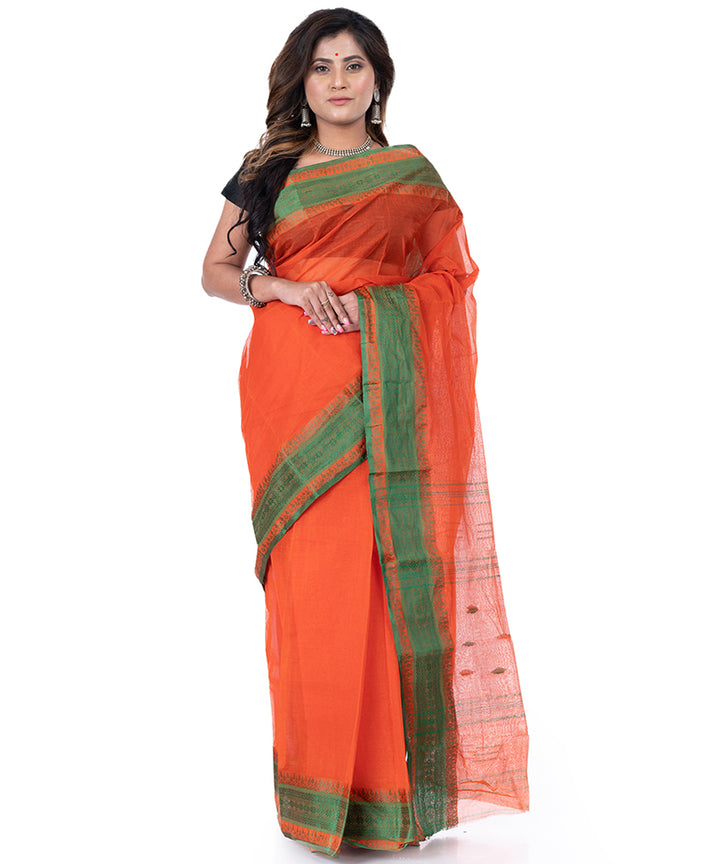 Orange green handwoven tangail cotton saree