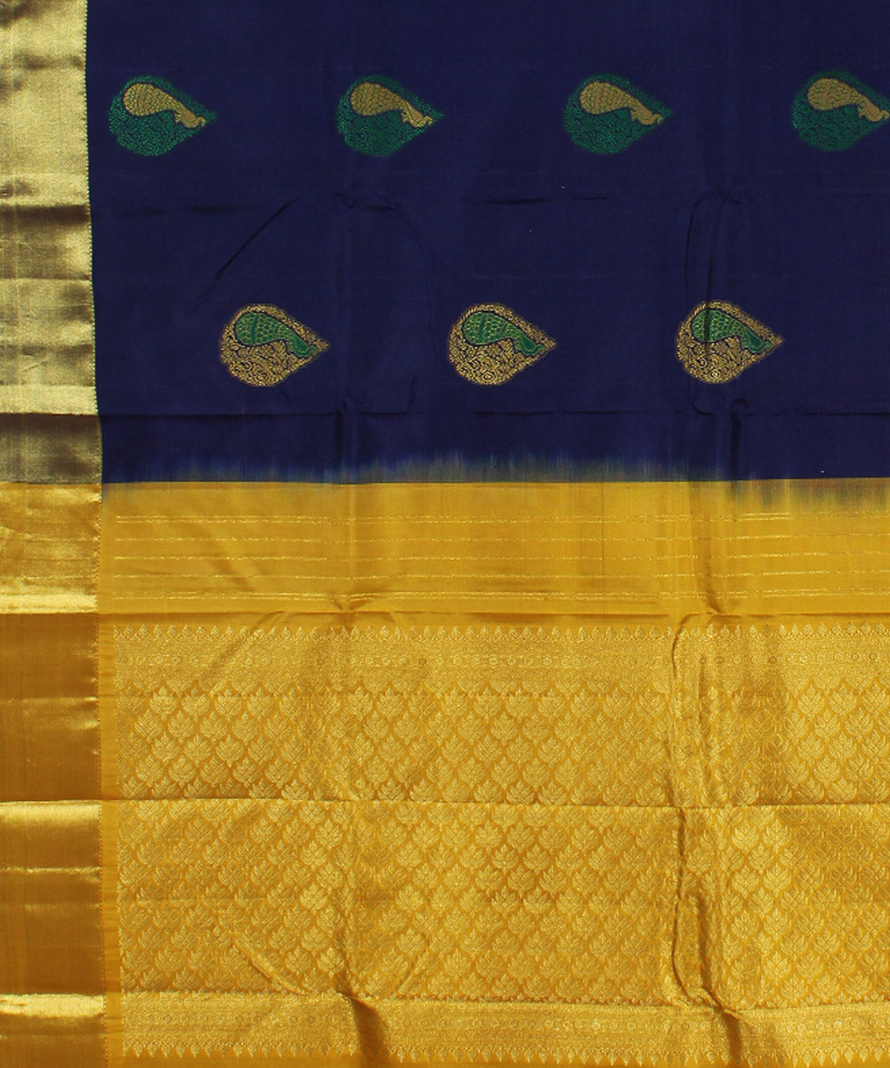 Navy blue yellow handwoven karnataka brocade silk saree