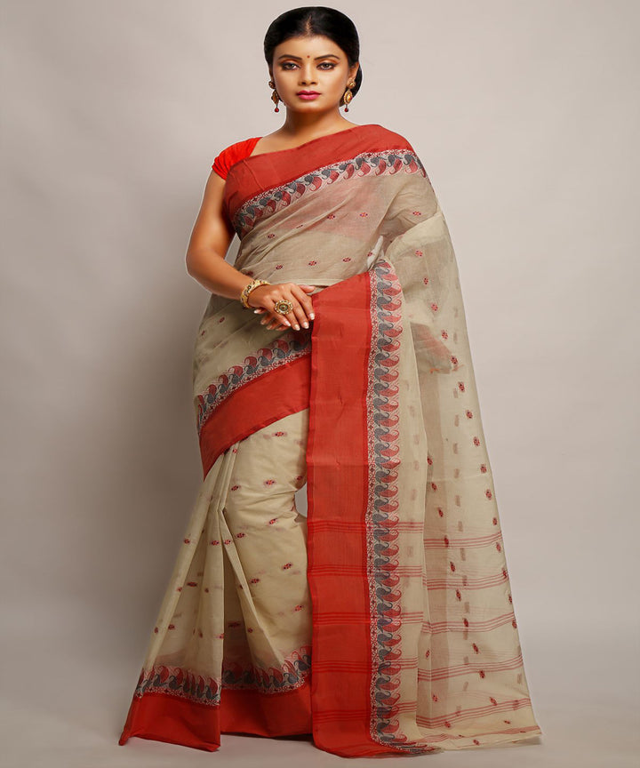 Beige red handwoven tangail tant cotton bengal saree
