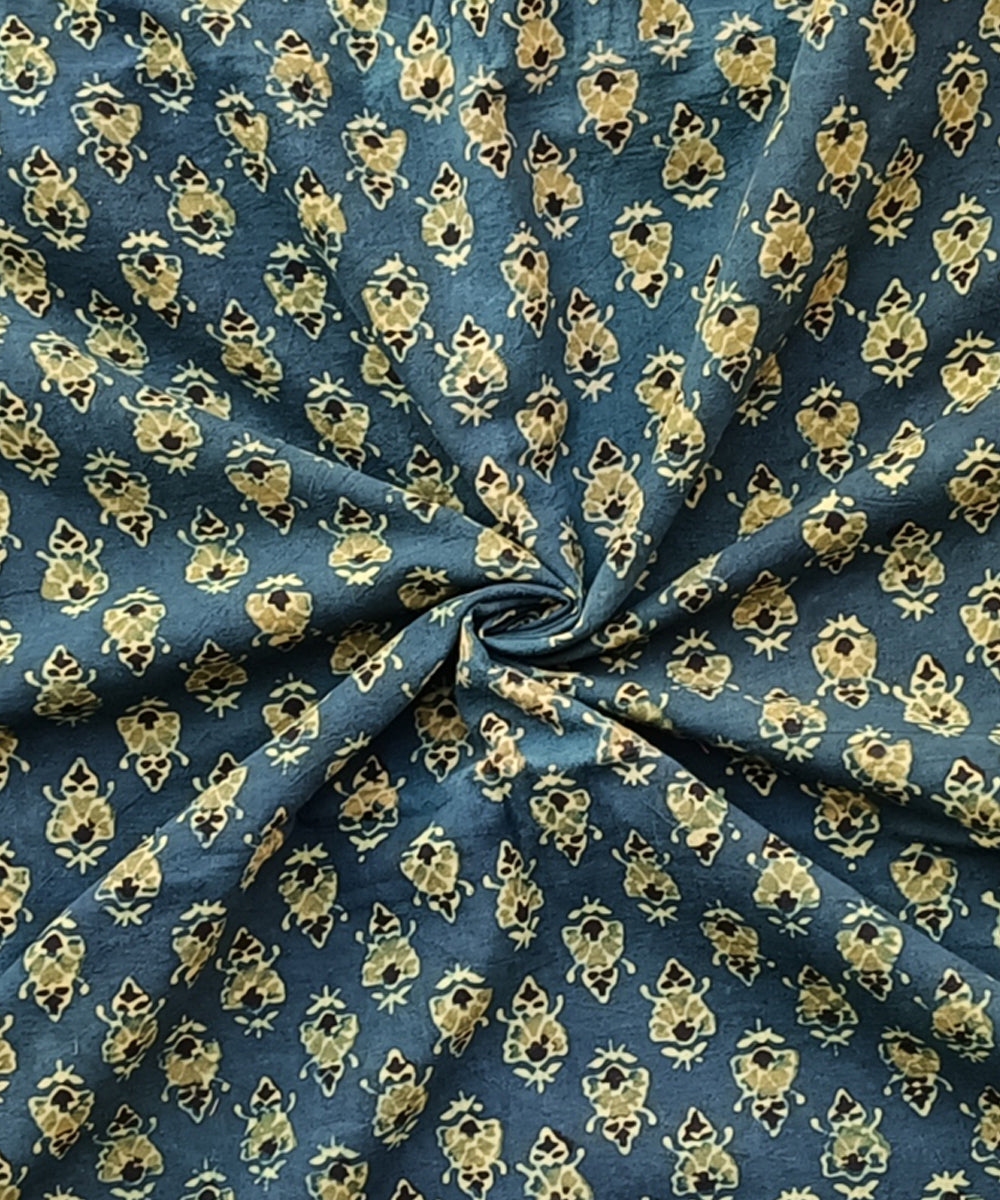 2.5m Green yellow ajrakh print handspun handwoven cotton kurta fabric