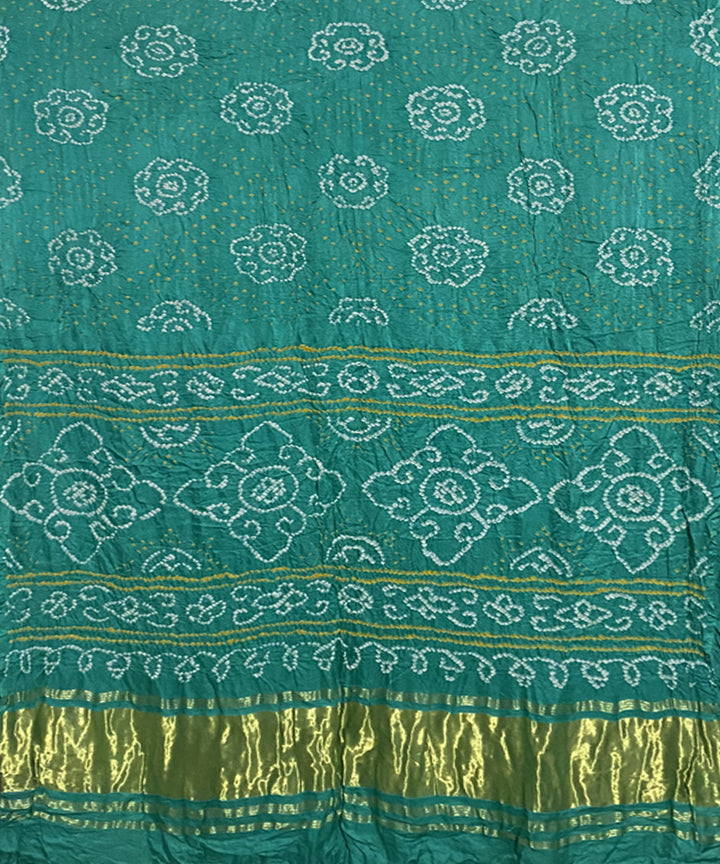 Cyan green hand printed tie dye bandhani gajji silk saree