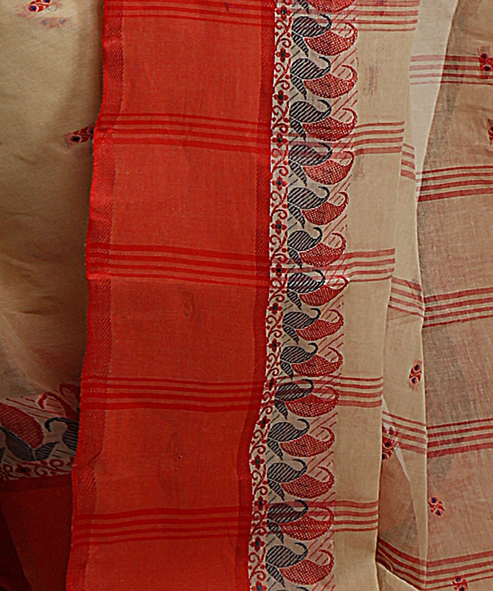 Beige red handwoven tangail tant cotton bengal saree